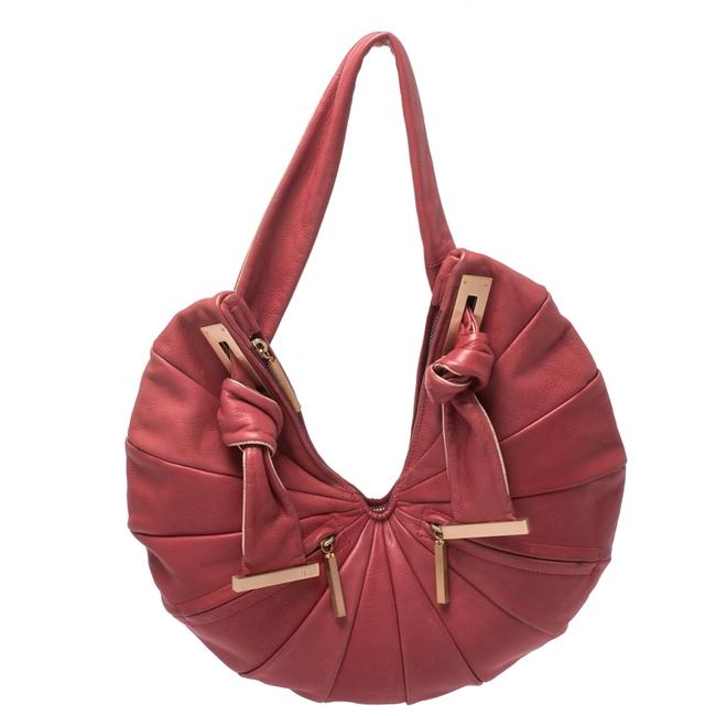 Fendi Pleated Front Zipped Red Leather Hobo Bag 