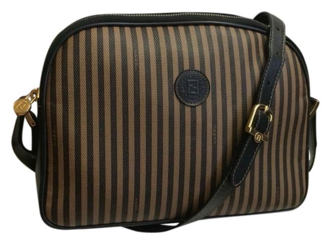 Fendi Pristine Signature Pequin TobaccoBlack Cross Body Bag 