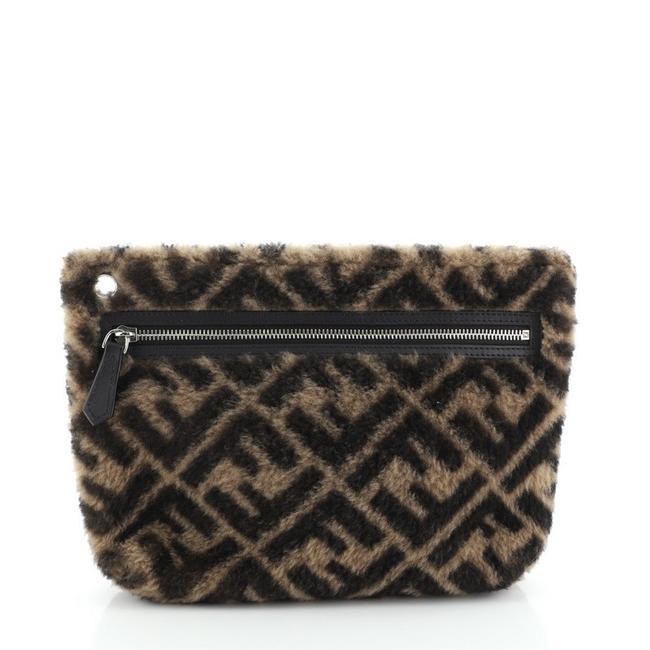 Fendi Pyramid Logo Pouch Zucca Large Brown Shearling Clutch 