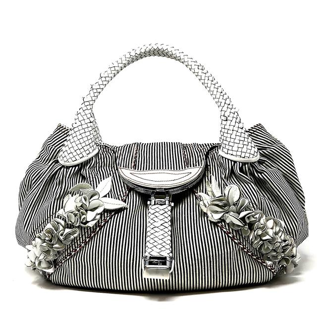 Fendi Rare. Large Spy with Floral Applique White Blue Denim Leather Satchel 