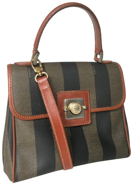 Fendi Rare Vintage Pequin Striped Black Coated Canvas Satchel 