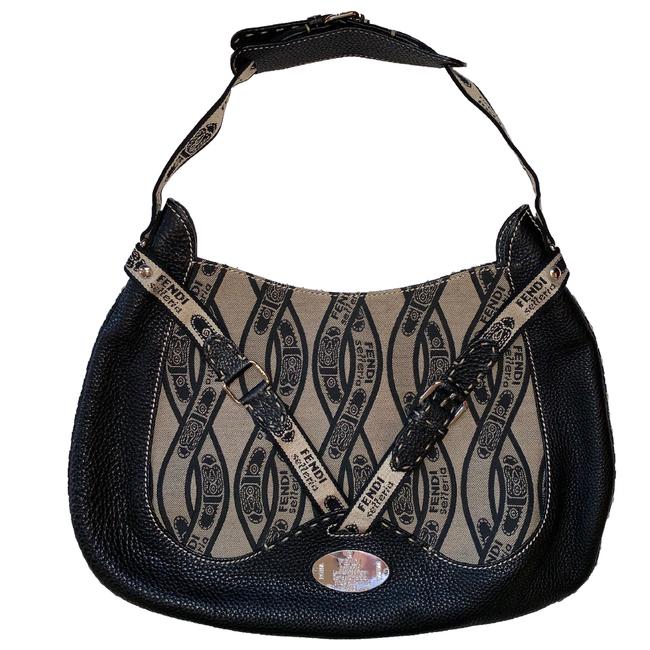 Fendi Selleria Black LeatherCanvas Hobo Bag 