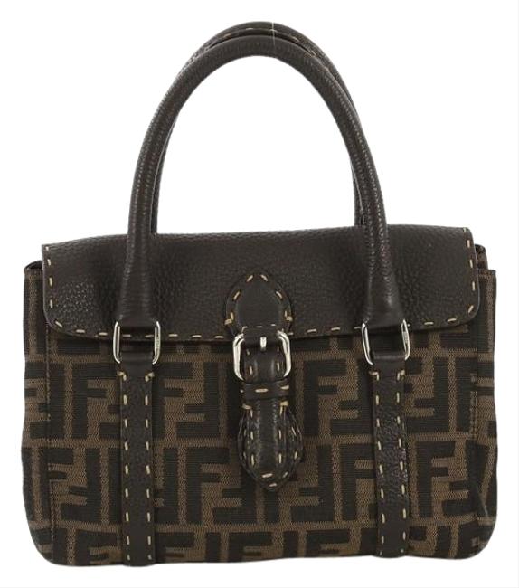 Fendi Selleria Linda Zucca Canvas with Mini Brown Leather Satchel 