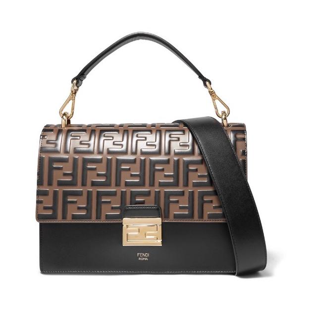 Fendi Shoulder Bag Kan I Large Logo Embossed Leather Top Handle Satchel 