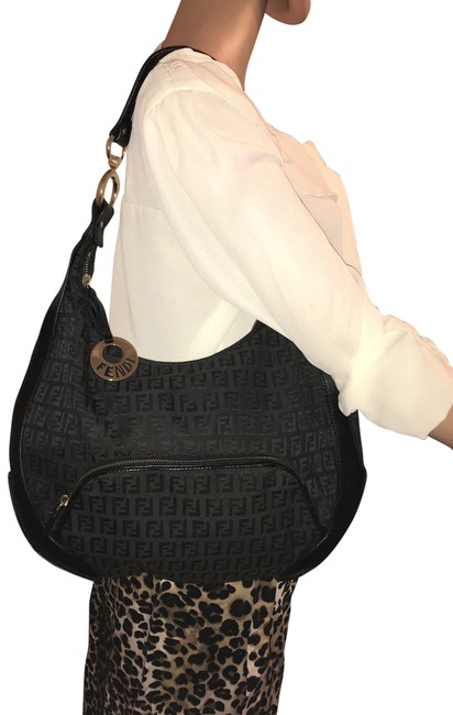 Fendi Shoulder Black Canvas  Leather Hobo Bag 