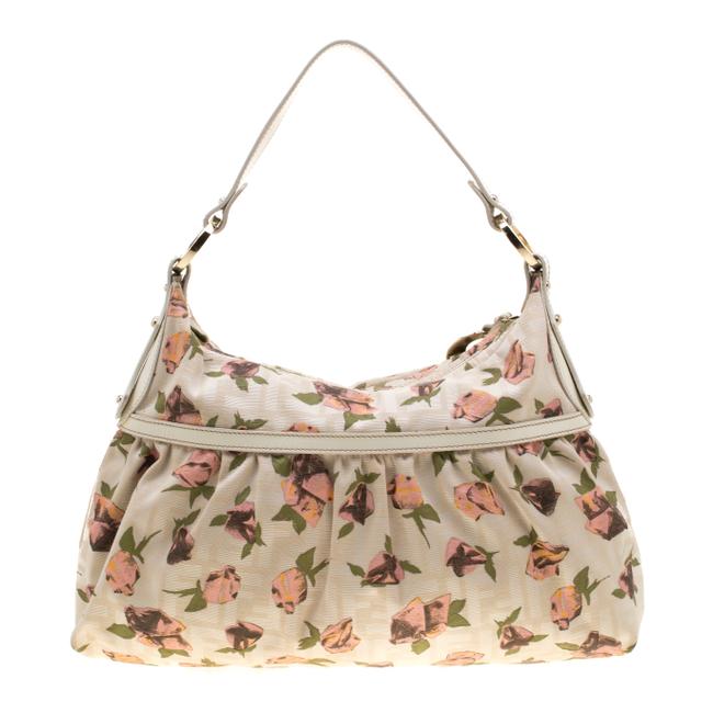 Fendi Shoulder Floral Print Zucca Chef Beige Canvas Hobo Bag 
