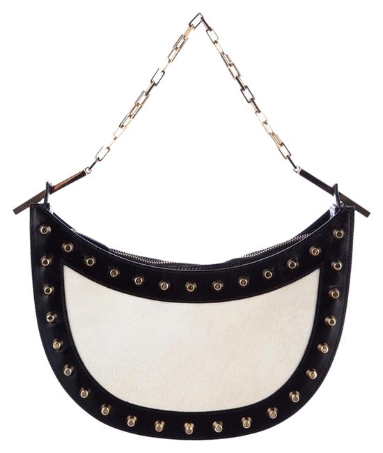 Fendi Shoulder Studded Runway Black Cream White Leather Parchment Hobo Bag 