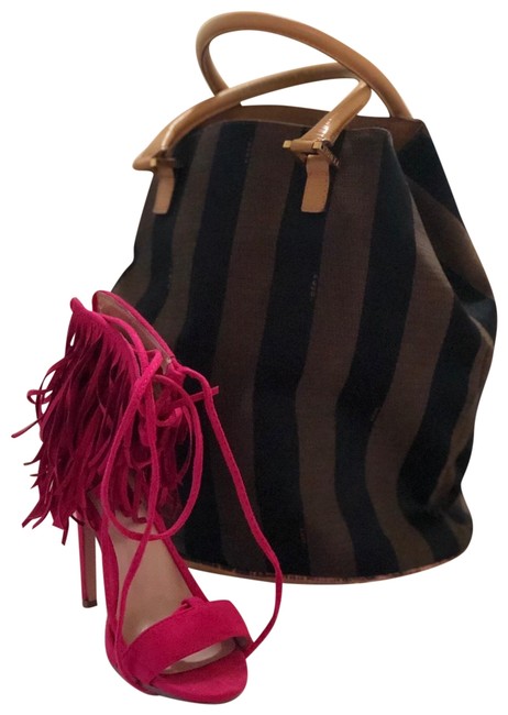 Fendi Shoulder Vintage Brown Pequin Striped Canvas Leather Hobo Bag 