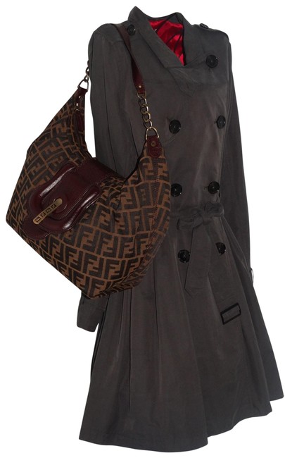 Fendi Shoulder Zucca Print Buckle Front Tobacco CanvasLeather Hobo Bag 
