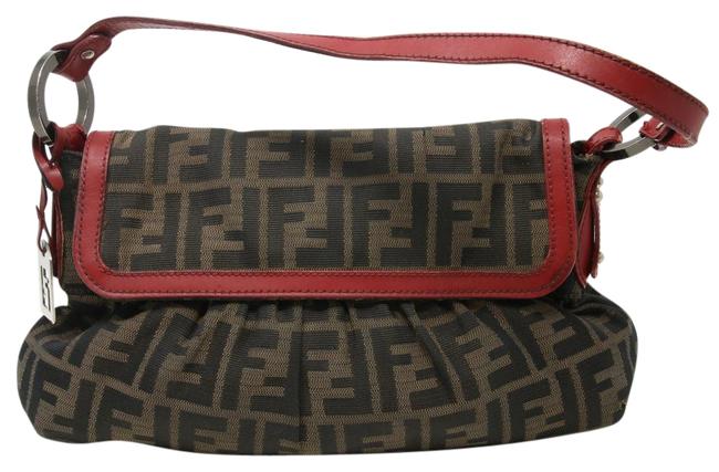 Fendi Shoulder Signsmall Zucca Monogram  Red Trim Canvas  Leather Hobo Bag 