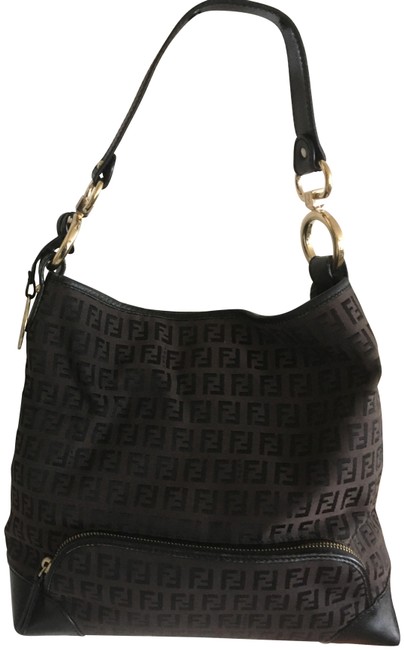 Fendi Small Black and Brown Lambskin Leather Canvas Hobo Bag 