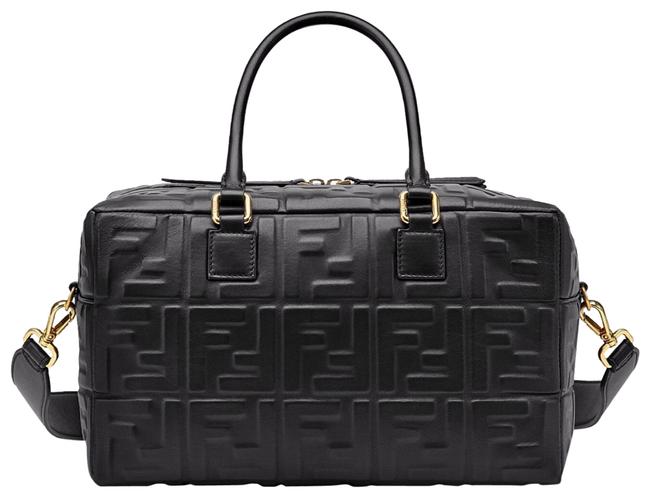 Fendi Small Boston Embossed Logo Black Calfskin Leather Satchel 
