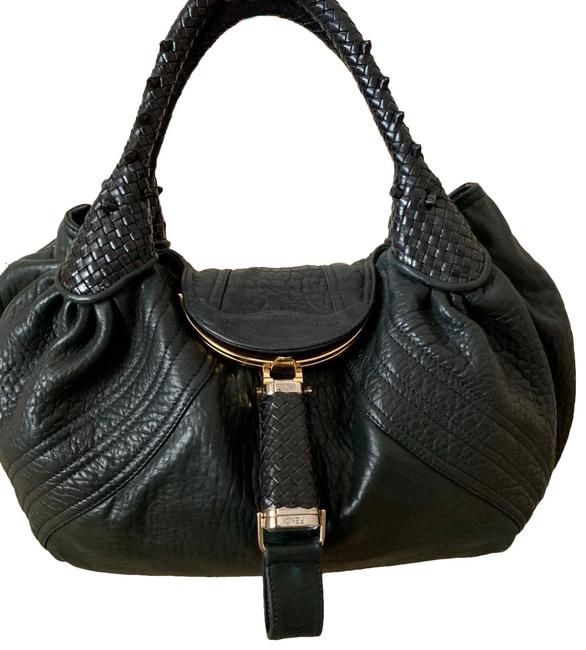 Fendi Soft Lambskin Black Leather Satchel Hobo Bag 