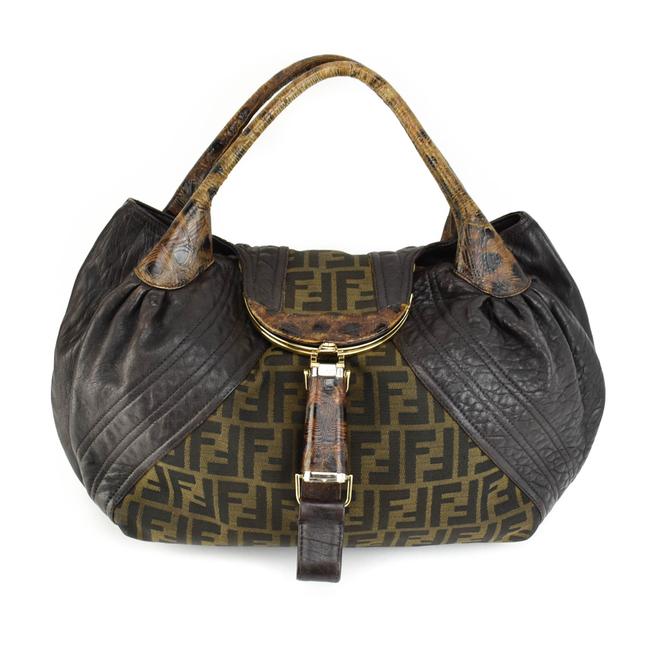 Fendi "Spy": Brown "Tortuga" Leather  "Ff" Logo Tote Ut Hobo Bag 