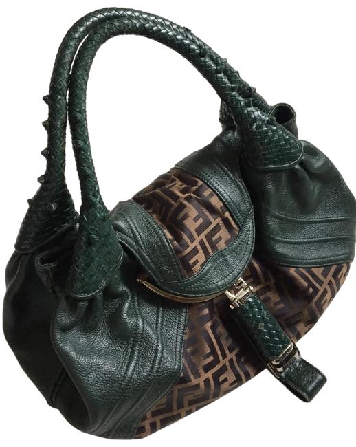 Fendi Spy Green Leather and Canvas Hobo Bag 