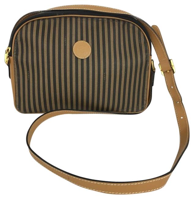 Fendi Stripe Vintage Cognac Black  Tan Leather Cross Body Bag 