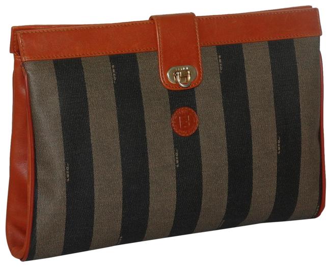 Fendi Striped Brown Pequin Canvas Clutch 