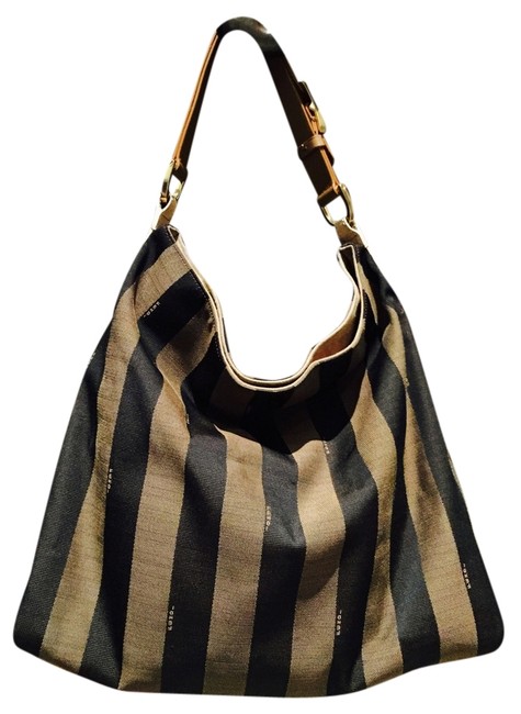 Fendi Striped CanvasLeather Strap and Trim Hobo Bag 