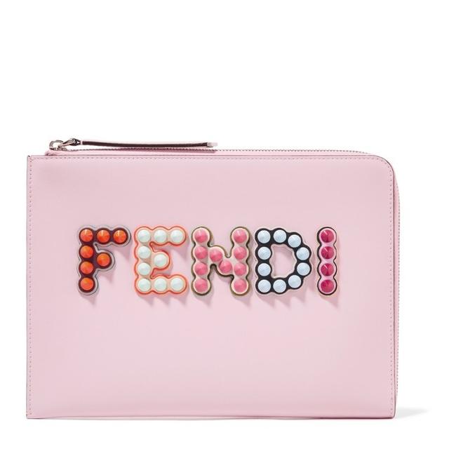 Fendi Studded Logo Appliqued Leather Pouch Clutch 