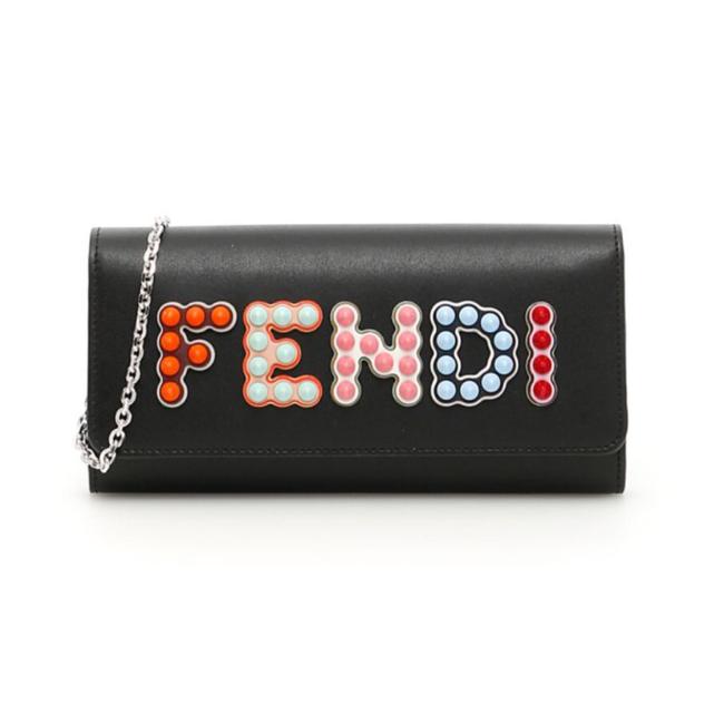Fendi Studded Logo Chain Wallet Black Leather Clutch 