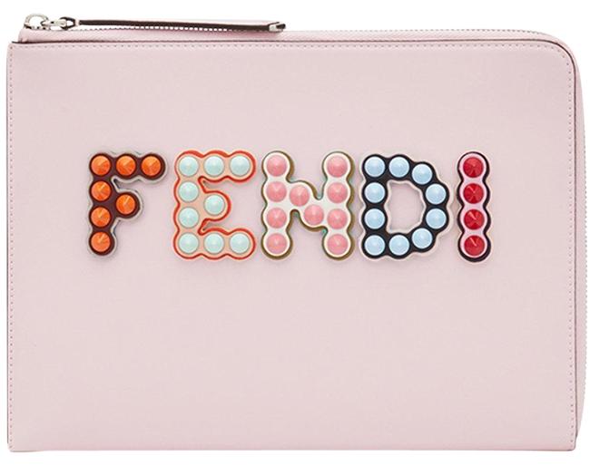 Fendi Studded Spike Blue Orange Zipper Flat Pouch Pink Leather Clutch 
