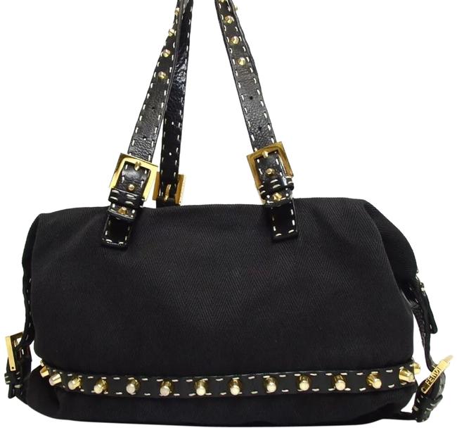 Fendi Studs Handbag Black Cotton Blend Leather Satchel 