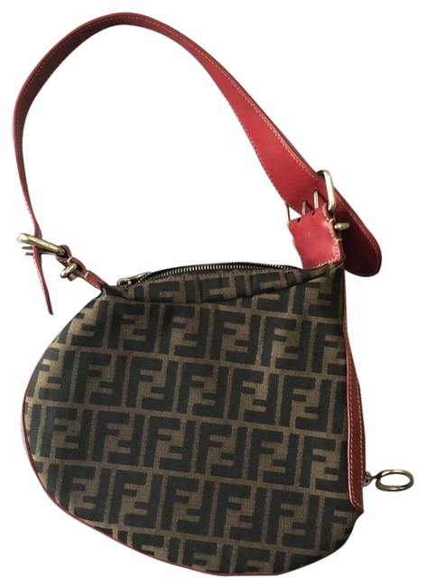Fendi Zucca Oyster Red Shoulder Brown Canvas with Leather Strap Hobo Bag 
