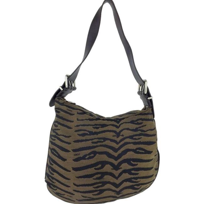 Fendi Tiger Print Brown Canvas Leather Hobo Bag 