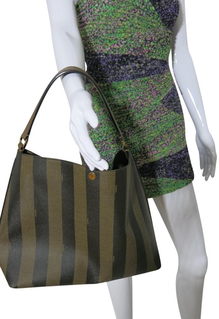 Fendi Tobacco Pequin striped Coated Canvas Leather Brown Hobo Bag 