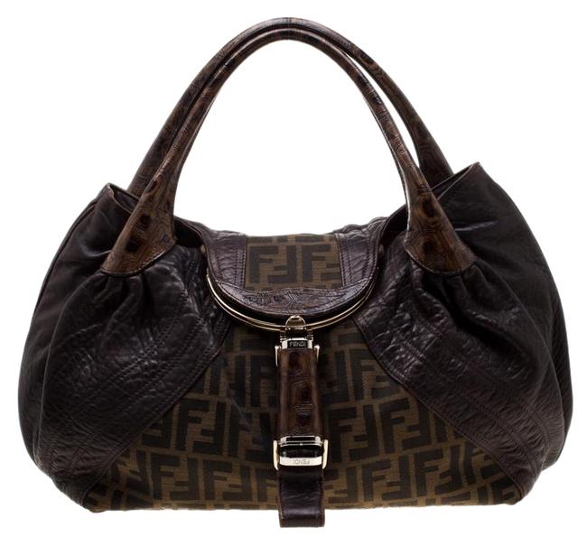 Fendi Tobacco Zucca Canvas and Spy Brown Leather Hobo Bag 