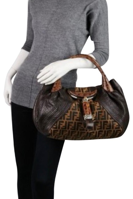Fendi Tobacco Zucca Canvas  Tortiga Calf Brown Calfskin Leather Satchel 
