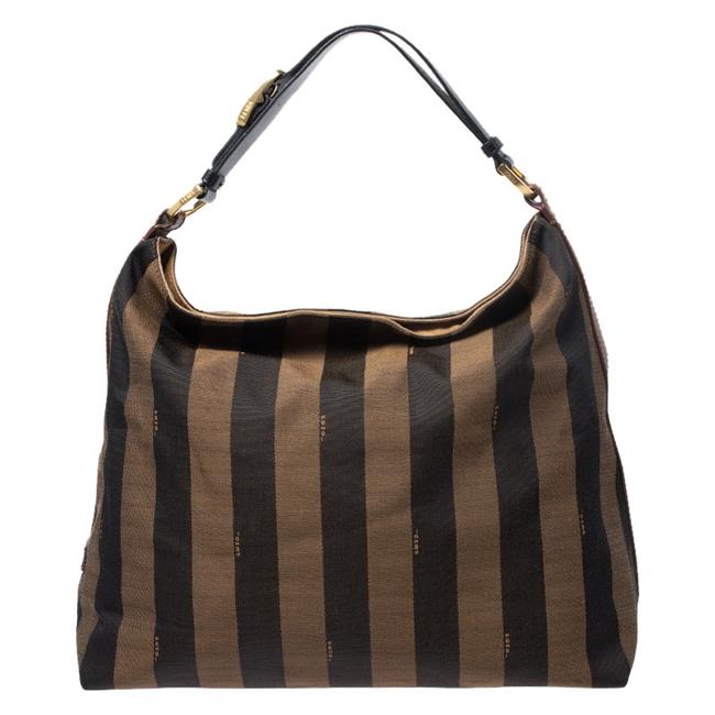Fendi TobaccoBlack Large Pequin Striped Brown Canvas and Leather Hobo Bag 