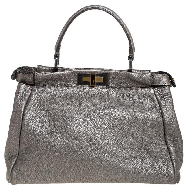 Fendi Top Handle Bag Grey Selleria Medium Peekaboo Metallic Leather Clutch 