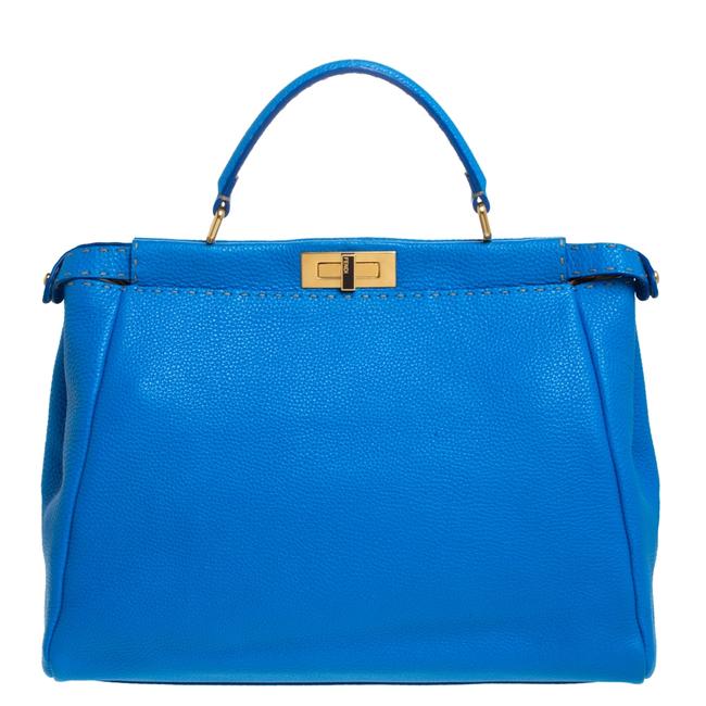 Fendi Top Handle Bag Selleria Large Peekaboo Blue Leather Satchel 