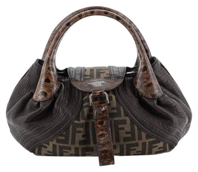 Fendi Tortoise Spy Zucca and Leather Mini Brown Canvas Satchel 