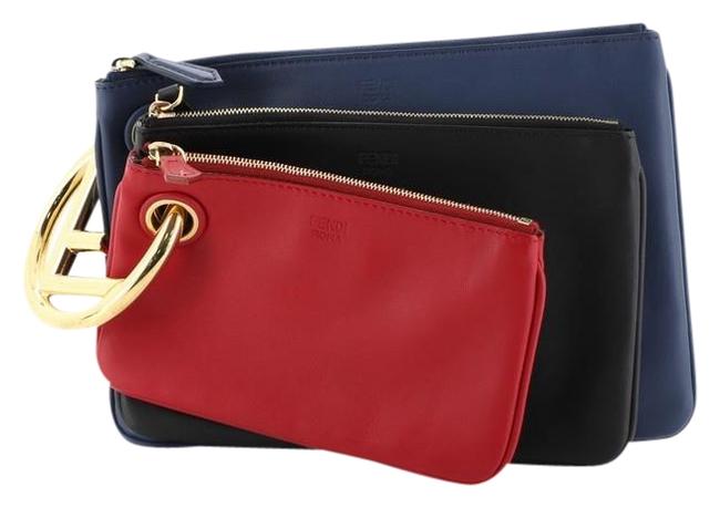 Fendi Triplette Pouch Set Calfskin Black Blue Red Leather Clutch 