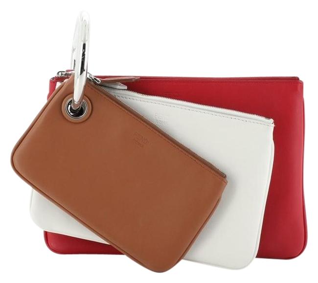 Fendi Triplette Pouch Set Calfskin Brown Multicolor Red White Leather Clutch 