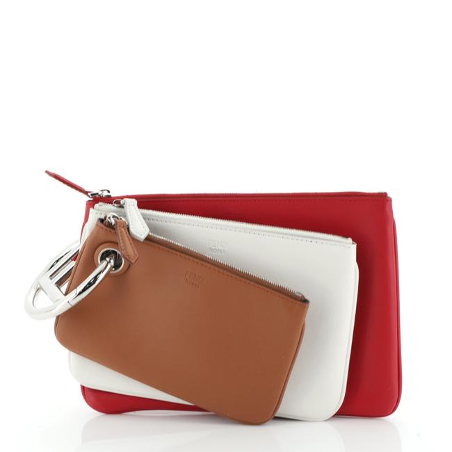 Fendi Triplette Pouch Set Calfskin Brown Red White Leather Clutch 