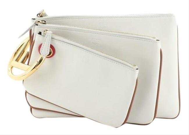 Fendi Triplette Pouch Set Calfskin White Leather Clutch 
