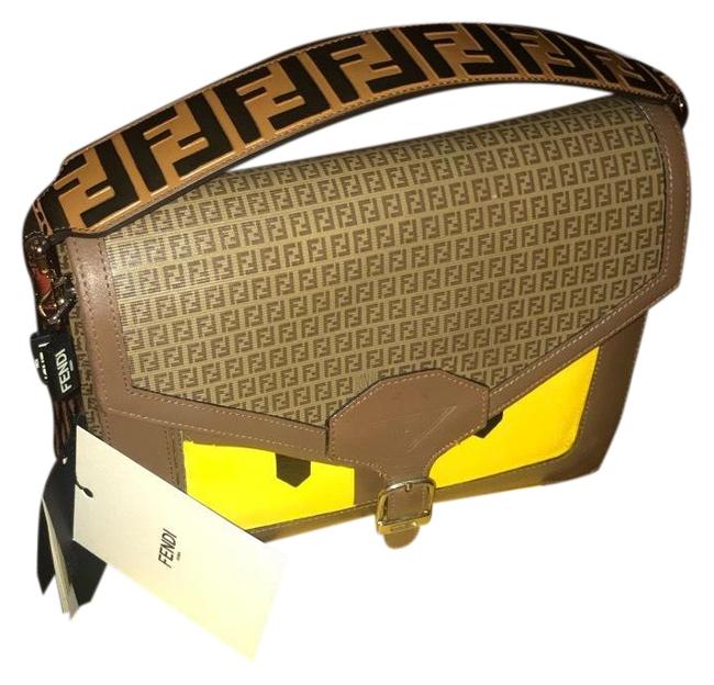 Fendi Upcycled with Strap Brown Yellow Black Tan Leather Satchel 