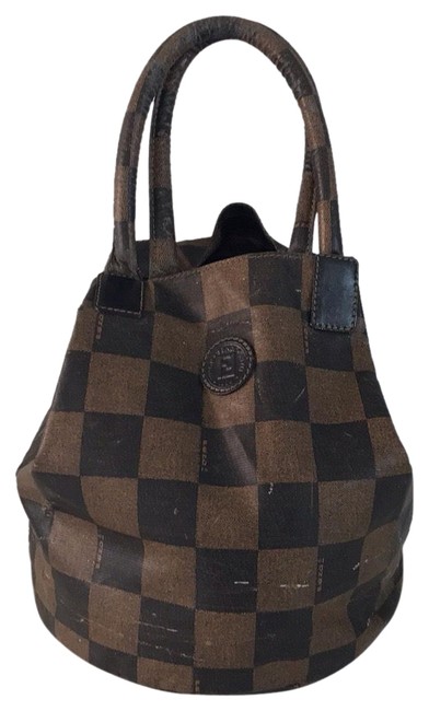 Fendi Vintage Checkered Tote Black Canvas Satchel 