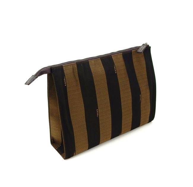 Fendi Vintage Cosmetics Travel Brown Pequin Striped Canvas Leather Clutch 