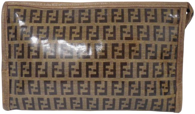 Fendi Vintage Ff Shiny Leather Top Zip Italy Khaki Coated Canvas Clutch 