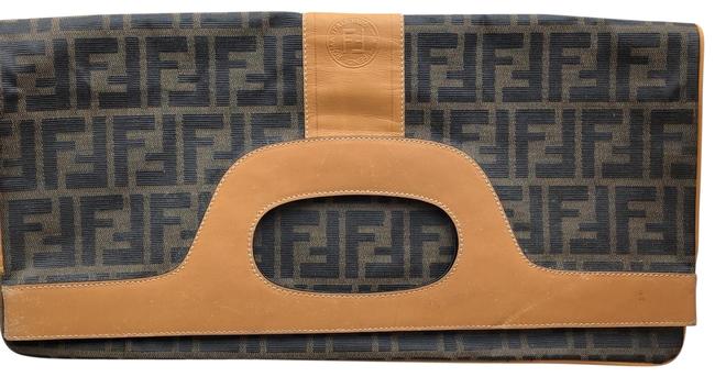 Fendi Vintage Monogram Fold Over Tote Brown Leather Canvas Clutch 