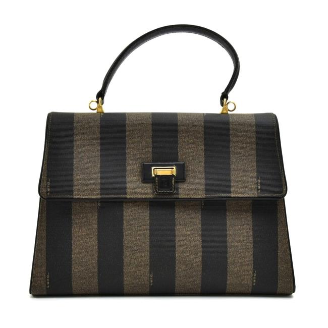 Fendi Vintage Pequin Striped Kelly Style Handbag Black Coated Canvas Hobo Bag 