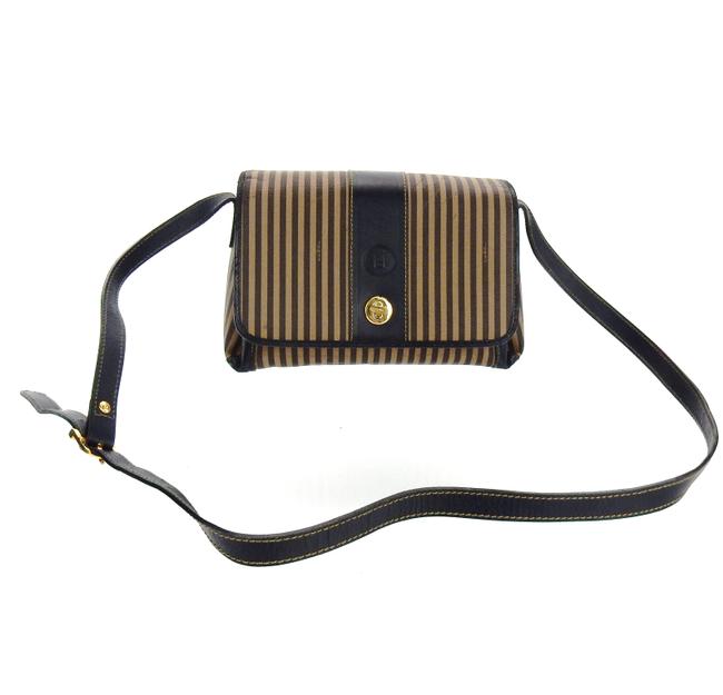 Fendi Vintage Shoulder Black and Brown Striped Canvas Cross Body Bag 