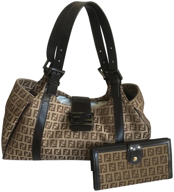 Fendi Vintage Zucca and Matching Wallet Light Brown Patent Leather Satchel 