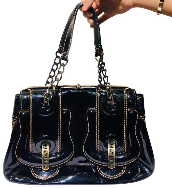 Fendi W Buckle Tan Stitching Black Patent Leather Satchel 