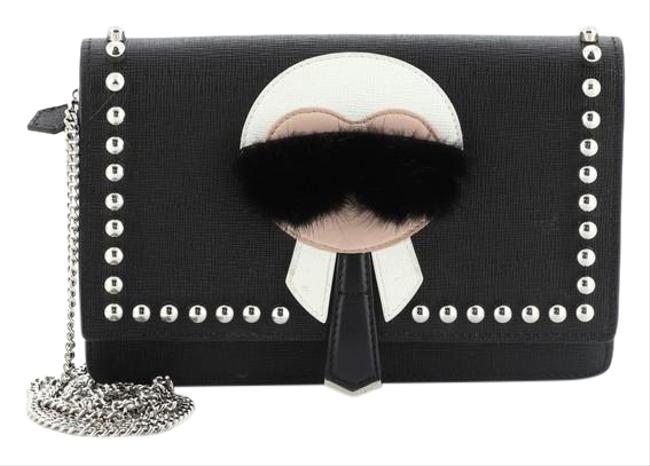 Fendi Wallet on Chain Karlito Studded Saffiano Black Leather Clutch 