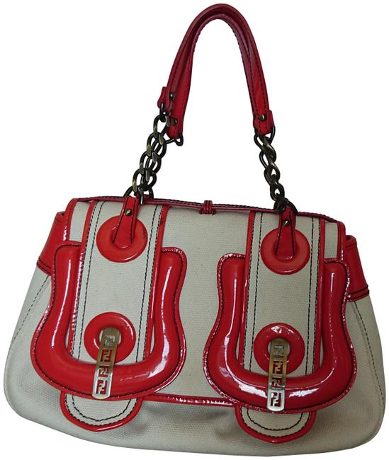 Fendi WhiteRed Canvas  Patent Leather Satchel 